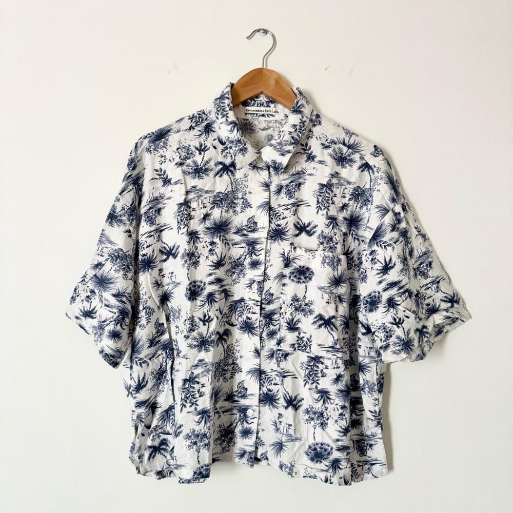 Abercrombie & Fitch 90s Cropped Linen Blend Button Up Shirt Blue Tropical Size L